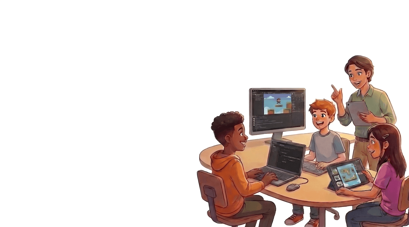 Students and a teacher collaborating around computers while building games
