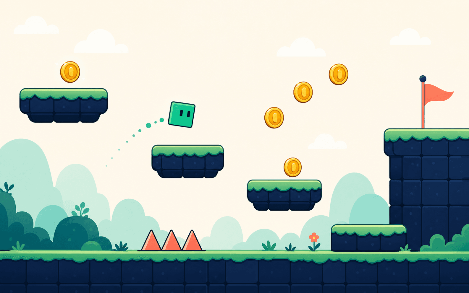 A colorful p5.js platform game starter with a green character and floating coins
