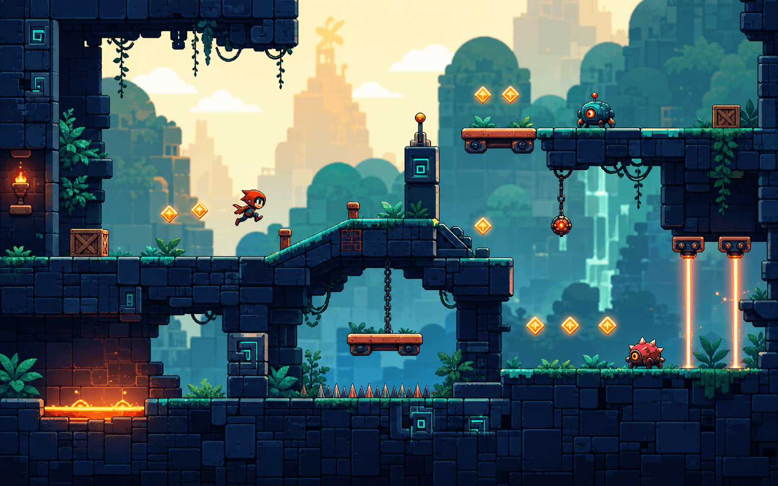 A detailed Phaser platform game starter with a runner, hazards, and collectibles