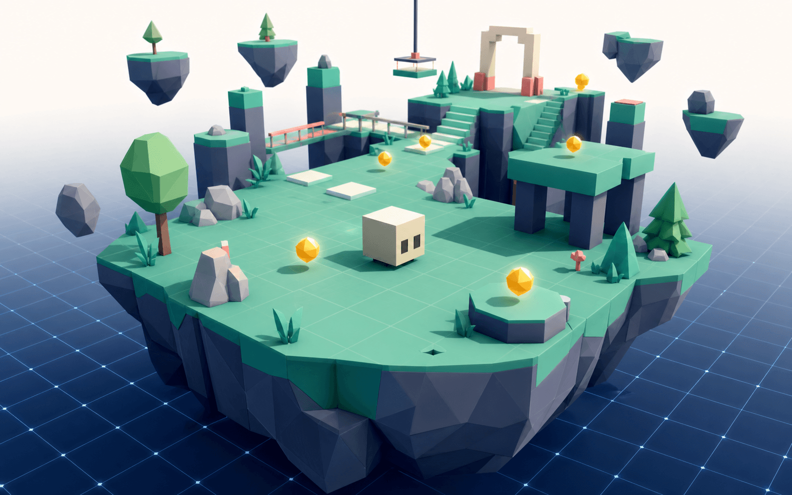A Three.js floating island game starter with platforms, trees, and collectibles