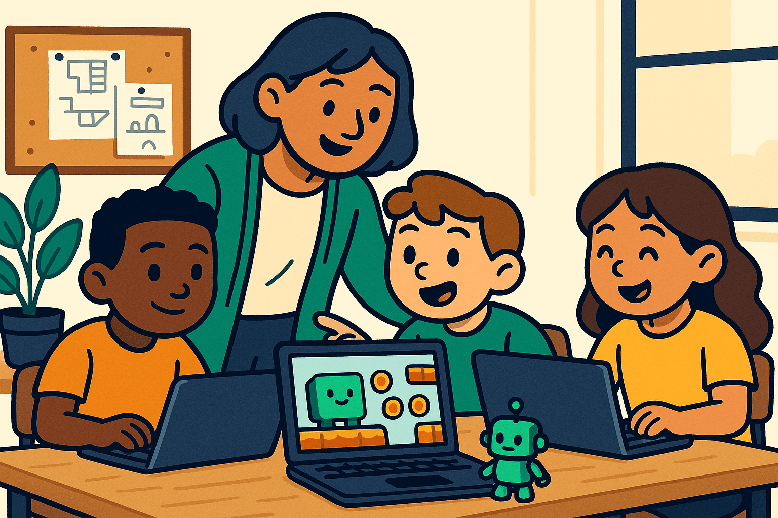 Students and a teacher collaborating around computers while building games